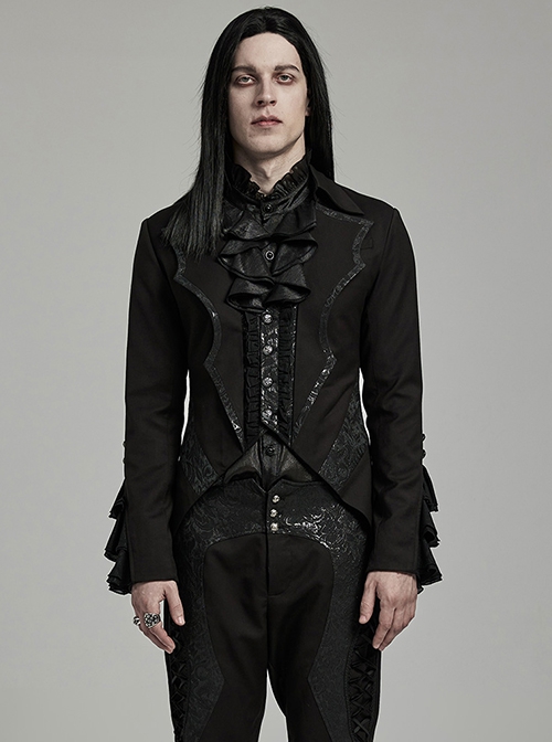 Gothic Style Personality Bat Lapel Exquisite Lace Ruffled Black Fake Two Piece Long Sleeves Tuxedo Coat