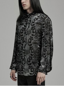 Gothic Style Stand Collar Luxurious Velvet Floral Fabric Jewel Button Vintage Black Grey Long Sleeves Shirt