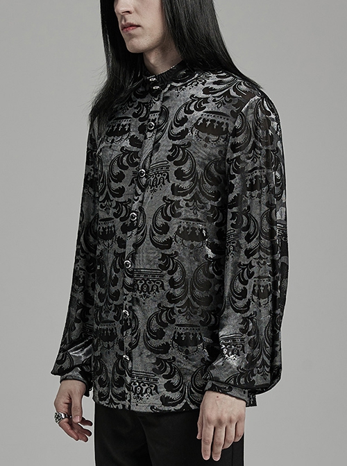 Gothic Style Stand Collar Luxurious Velvet Floral Fabric Jewel Button Vintage Black Grey Long Sleeves Shirt
