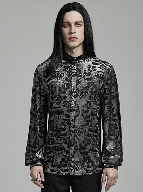 Gothic Style Stand Collar Luxurious Velvet Floral Fabric Jewel Button Vintage Black Grey Long Sleeves Shirt