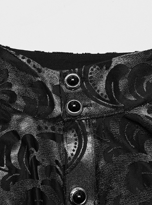 Gothic Style Stand Collar Luxurious Velvet Floral Fabric Jewel Button Vintage Black Grey Long Sleeves Shirt