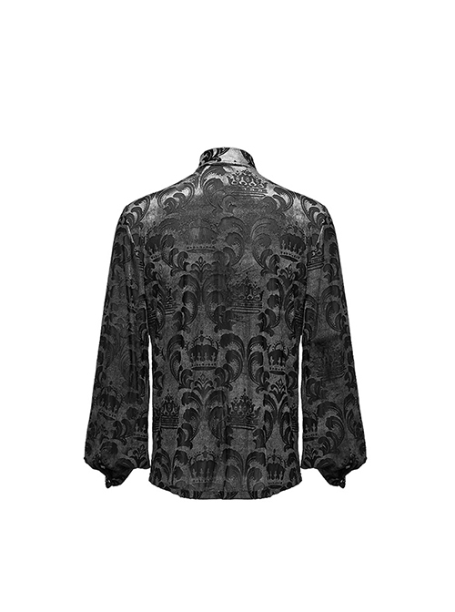 Gothic Style Stand Collar Luxurious Velvet Floral Fabric Jewel Button Vintage Black Grey Long Sleeves Shirt