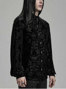 Gothic Style Elegant Stand Collar Gorgeous Velvet Floral Pattern Vintage Black Long Sleeves Slim Fit Shirt