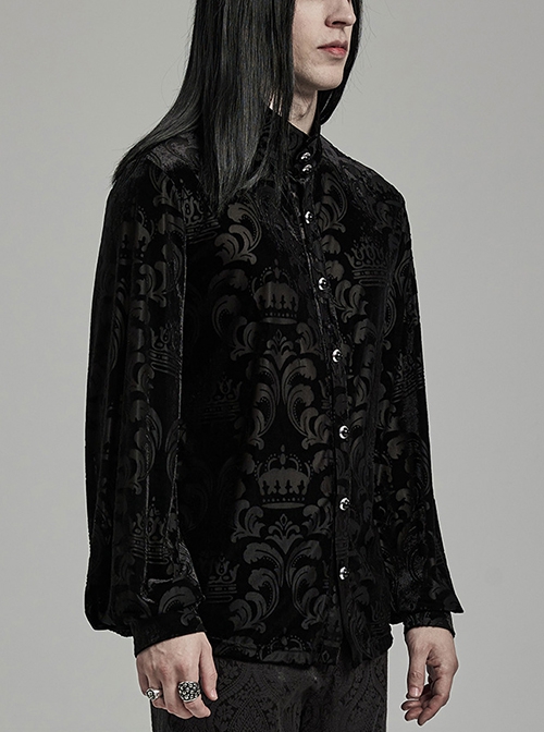 Gothic Style Elegant Stand Collar Gorgeous Velvet Floral Pattern Vintage Black Long Sleeves Slim Fit Shirt