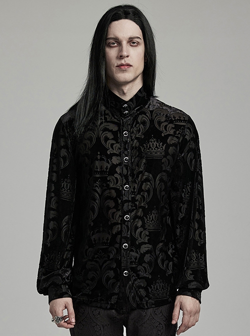 Gothic Style Elegant Stand Collar Gorgeous Velvet Floral Pattern Vintage Black Long Sleeves Slim Fit Shirt