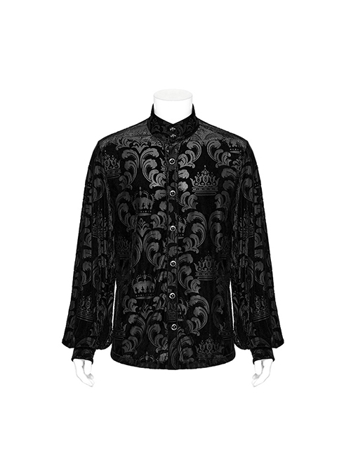 Gothic Style Elegant Stand Collar Gorgeous Velvet Floral Pattern Vintage Black Long Sleeves Slim Fit Shirt
