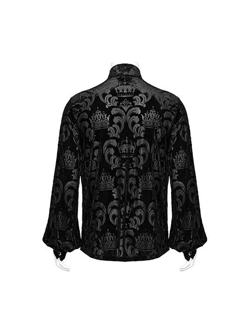 Gothic Style Elegant Stand Collar Gorgeous Velvet Floral Pattern Vintage Black Long Sleeves Slim Fit Shirt