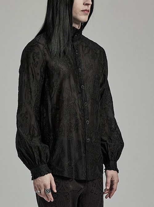 Gothic Style Elegant Stand Collar Gorgeous Floral Embroidery Vintage Button Black Long Sleeves Shirt