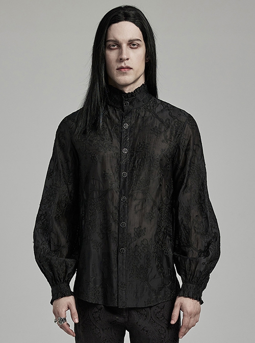Gothic Style Elegant Stand Collar Gorgeous Floral Embroidery Vintage Button Black Long Sleeves Shirt