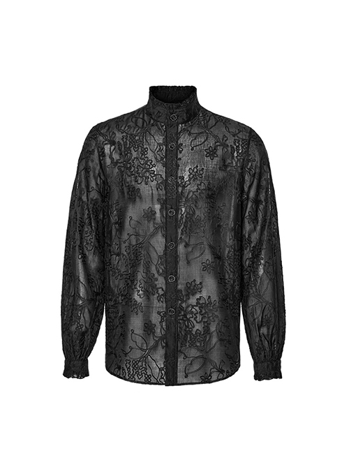 Gothic Style Elegant Stand Collar Gorgeous Floral Embroidery Vintage Button Black Long Sleeves Shirt