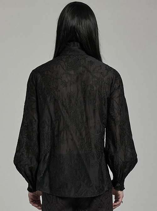 Gothic Style Elegant Stand Collar Gorgeous Floral Embroidery Vintage Button Black Long Sleeves Shirt