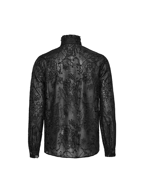 Gothic Style Elegant Stand Collar Gorgeous Floral Embroidery Vintage Button Black Long Sleeves Shirt