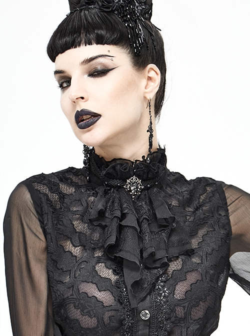 Gothic Style Sexy Lace Mesh Front Center Diamond Pendant Decoration Black Women's Collar