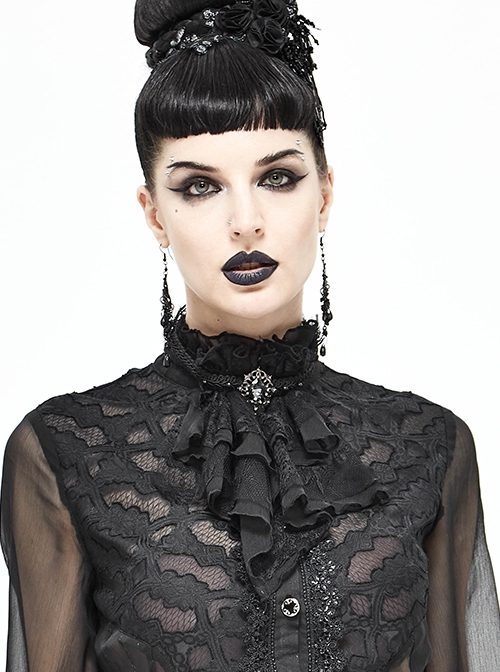 Gothic Style Sexy Lace Mesh Front Center Diamond Pendant Decoration Black Women's Collar