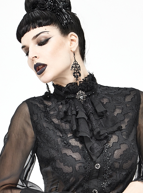 Gothic Style Sexy Lace Mesh Front Center Diamond Pendant Decoration Black Women's Collar