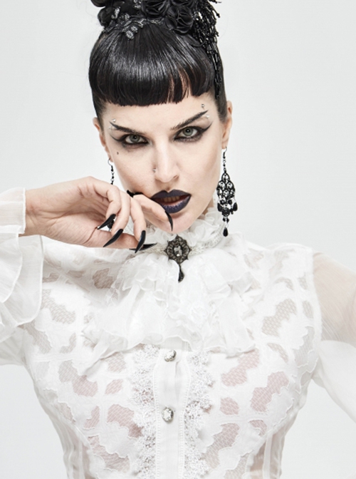 Gothic Style Sexy Lace Mesh Front Center Diamond Pendant Decoration White Women's Collar