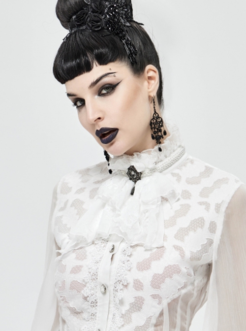 Gothic Style Sexy Lace Mesh Front Center Diamond Pendant Decoration White Women's Collar