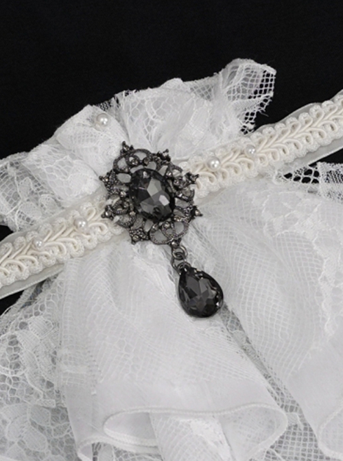 Gothic Style Sexy Lace Mesh Front Center Diamond Pendant Decoration White Women's Collar