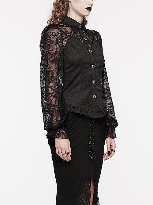 Gothic Style Elegant Lapel Exquisite Lace Splicing Ruffle Decoration Black Long Lantern Sleeves Slim Shirt