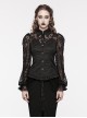 Gothic Style Elegant Lapel Exquisite Lace Splicing Ruffle Decoration Black Long Lantern Sleeves Slim Shirt