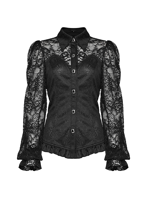 Gothic Style Elegant Lapel Exquisite Lace Splicing Ruffle Decoration Black Long Lantern Sleeves Slim Shirt