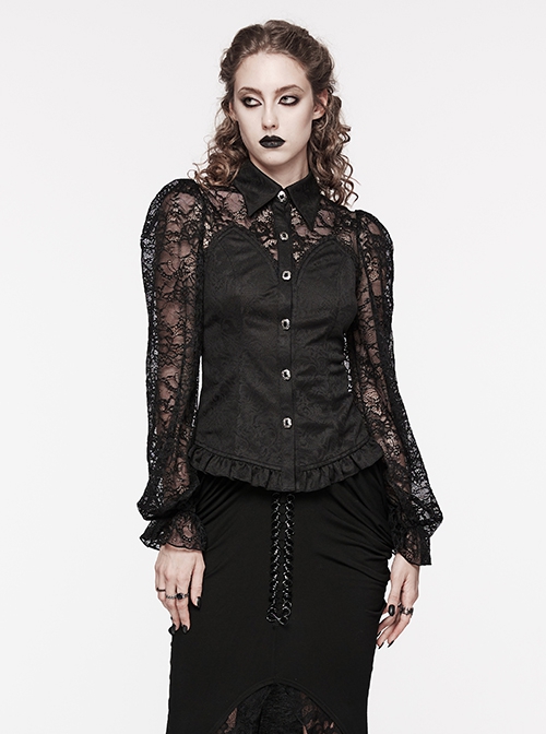 Gothic Style Elegant Lapel Exquisite Lace Splicing Ruffle Decoration Black Long Lantern Sleeves Slim Shirt