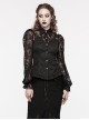 Gothic Style Elegant Lapel Exquisite Lace Splicing Ruffle Decoration Black Long Lantern Sleeves Slim Shirt