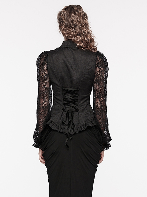 Gothic Style Elegant Lapel Exquisite Lace Splicing Ruffle Decoration Black Long Lantern Sleeves Slim Shirt