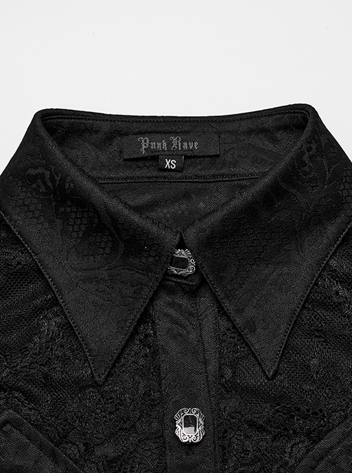 Gothic Style Elegant Lapel Exquisite Lace Splicing Ruffle Decoration Black Long Lantern Sleeves Slim Shirt