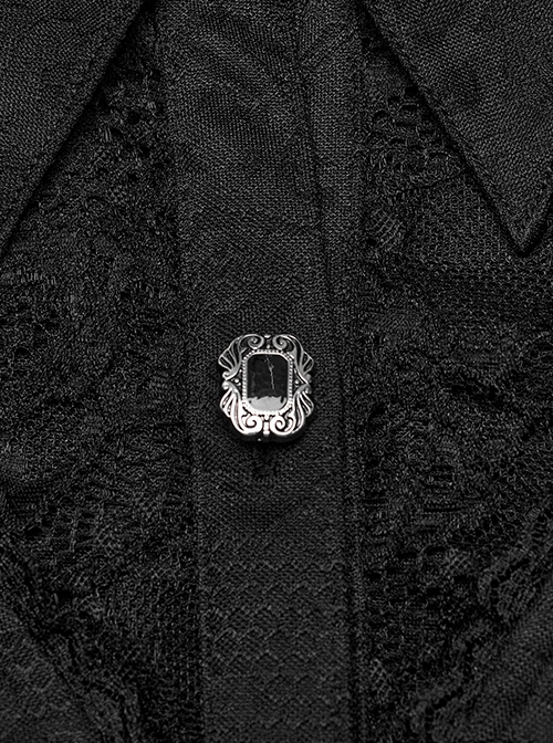 Gothic Style Elegant Lapel Exquisite Lace Splicing Ruffle Decoration Black Long Lantern Sleeves Slim Shirt