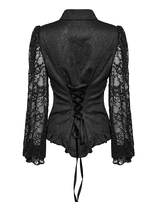 Gothic Style Elegant Lapel Exquisite Lace Splicing Ruffle Decoration Black Long Lantern Sleeves Slim Shirt