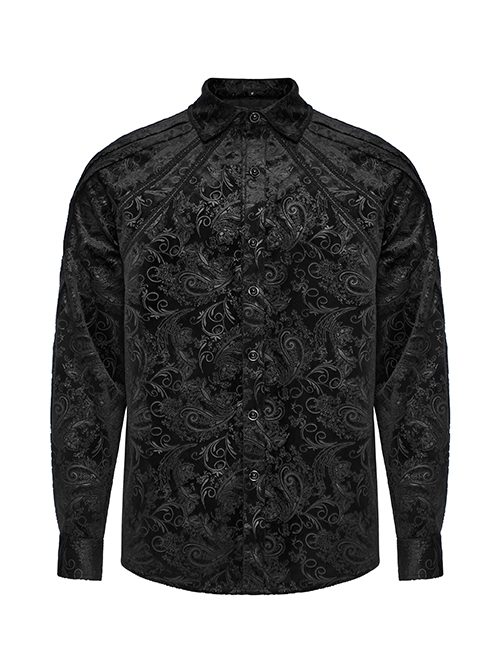Gothic Style Luxurious Velvet Dark Pattern Exquisite Webbing Trim Vintage Gem Button Black Long Sleeves Shirt