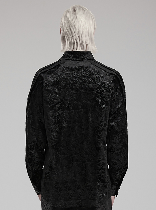 Gothic Style Luxurious Velvet Dark Pattern Exquisite Webbing Trim Vintage Gem Button Black Long Sleeves Shirt