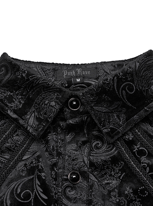 Gothic Style Luxurious Velvet Dark Pattern Exquisite Webbing Trim Vintage Gem Button Black Long Sleeves Shirt