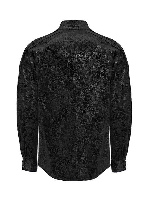 Gothic Style Luxurious Velvet Dark Pattern Exquisite Webbing Trim Vintage Gem Button Black Long Sleeves Shirt