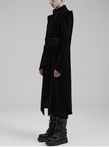Gothic Style Bat Collar Stitching Jacquard Retro Velvet Unique Sharp Shoulder Design Black Long Sleeves Coat