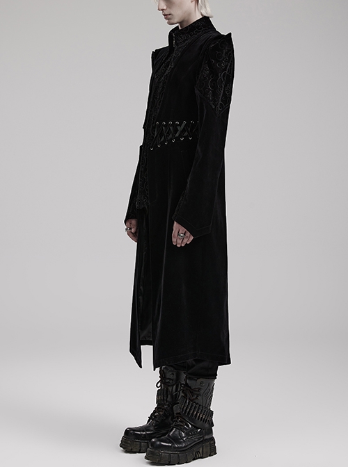 Gothic Style Bat Collar Stitching Jacquard Retro Velvet Unique Sharp Shoulder Design Black Long Sleeves Coat