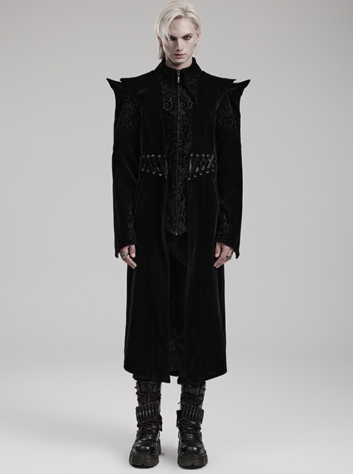 Gothic Style Bat Collar Stitching Jacquard Retro Velvet Unique Sharp Shoulder Design Black Long Sleeves Coat
