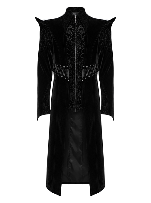 Gothic Style Bat Collar Stitching Jacquard Retro Velvet Unique Sharp Shoulder Design Black Long Sleeves Coat