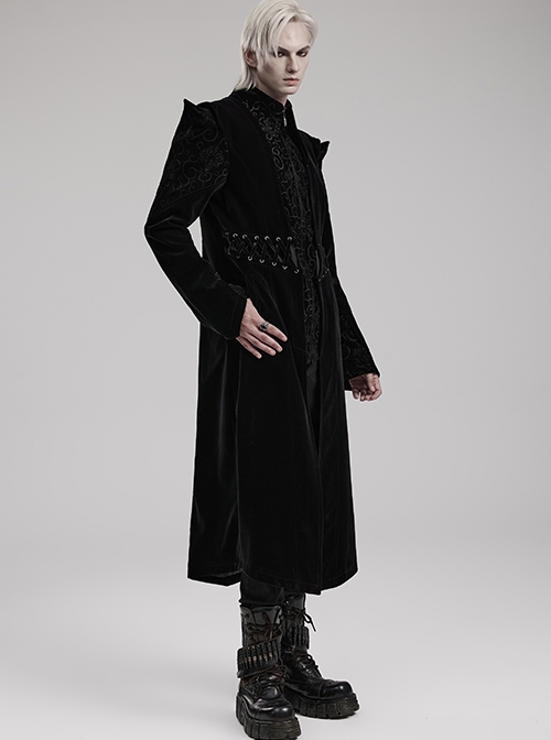 Gothic Style Bat Collar Stitching Jacquard Retro Velvet Unique Sharp Shoulder Design Black Long Sleeves Coat