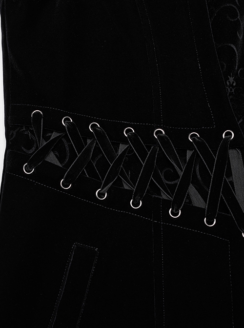 Gothic Style Bat Collar Stitching Jacquard Retro Velvet Unique Sharp Shoulder Design Black Long Sleeves Coat