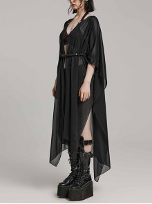 Gothic Style Sexy Mesh Chiffon Retro Braided Belt Various Ways To Wear Black Front Loose Shawl Coat
