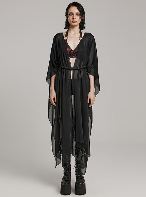 Gothic Style Sexy Mesh Chiffon Retro Braided Belt Various Ways To Wear Black Front Loose Shawl Coat
