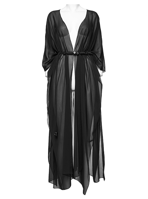 Gothic Style Sexy Mesh Chiffon Retro Braided Belt Various Ways To Wear Black Front Loose Shawl Coat