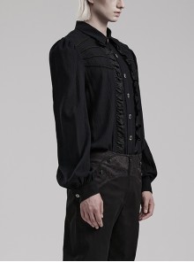 Gothic Style Elegant Lapel Exquisite Ruffle Placket Velvet Webbing Retro Frame Button Black Long Sleeves Shirt