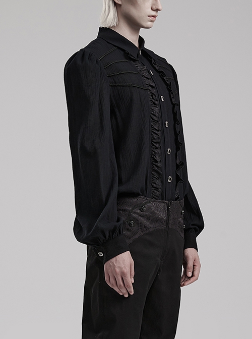 Gothic Style Elegant Lapel Exquisite Ruffle Placket Velvet Webbing Retro Frame Button Black Long Sleeves Shirt