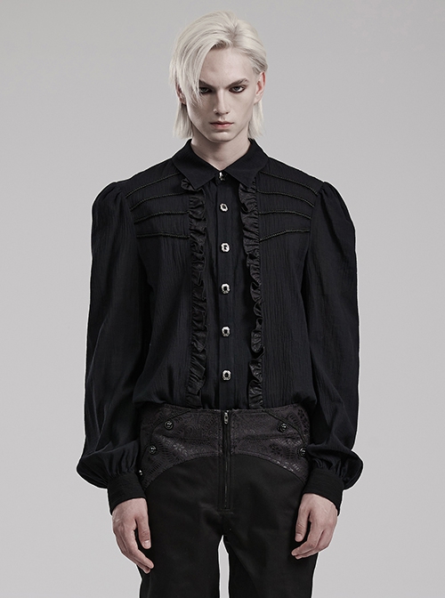 Gothic Style Elegant Lapel Exquisite Ruffle Placket Velvet Webbing Retro Frame Button Black Long Sleeves Shirt