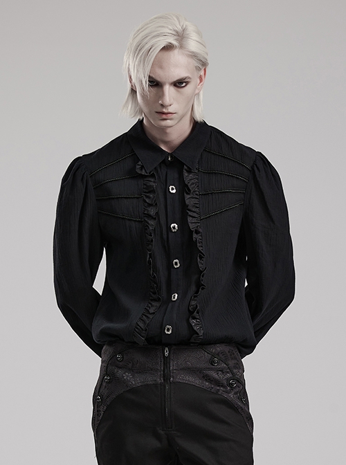 Gothic Style Elegant Lapel Exquisite Ruffle Placket Velvet Webbing Retro Frame Button Black Long Sleeves Shirt