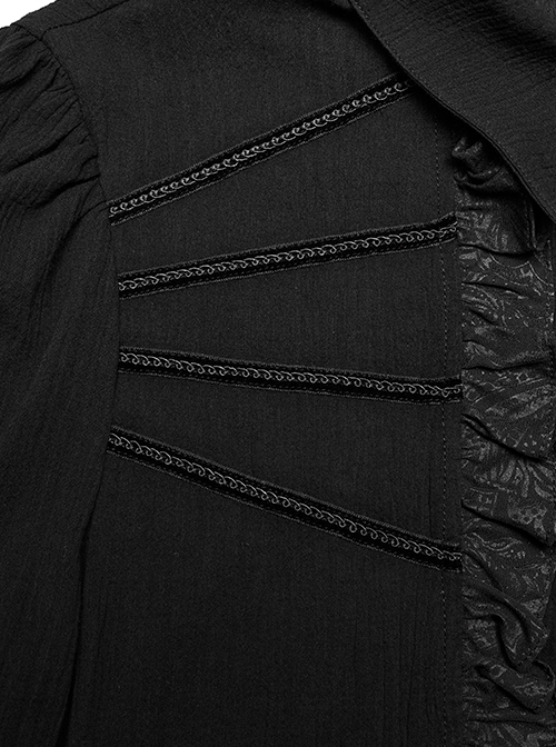 Gothic Style Elegant Lapel Exquisite Ruffle Placket Velvet Webbing Retro Frame Button Black Long Sleeves Shirt