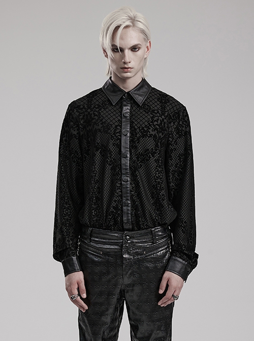 Gothic Style Leather Knitted Fabric Splicing Unique Flocking Pattern Skull Button Black Long Sleeves Shirt